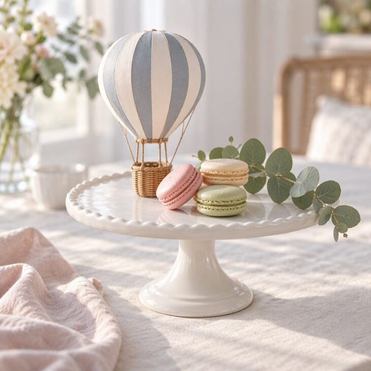 A cake stand lifts a small balloon to eye level.