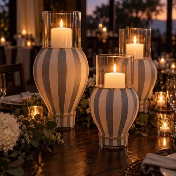 Tall holders give the table a row of soft lights.