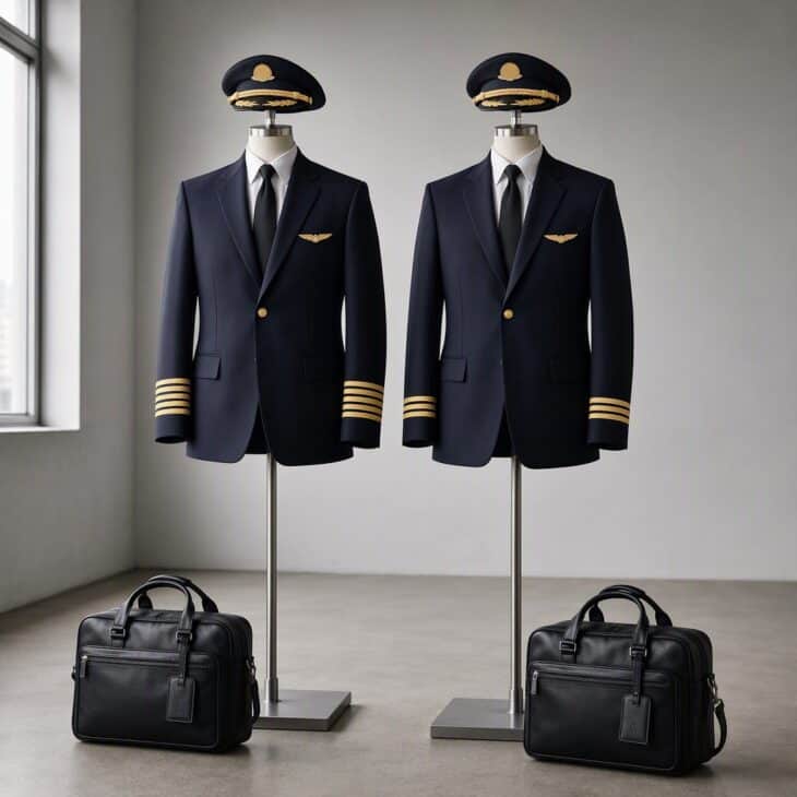 Four gold cuff stripes on one uniform and three on the other mark captain and first officer.