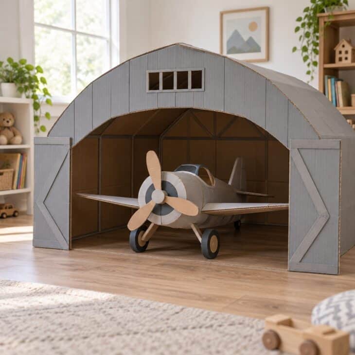 A large cardboard hangar playhouse painted gray with a wide arched door