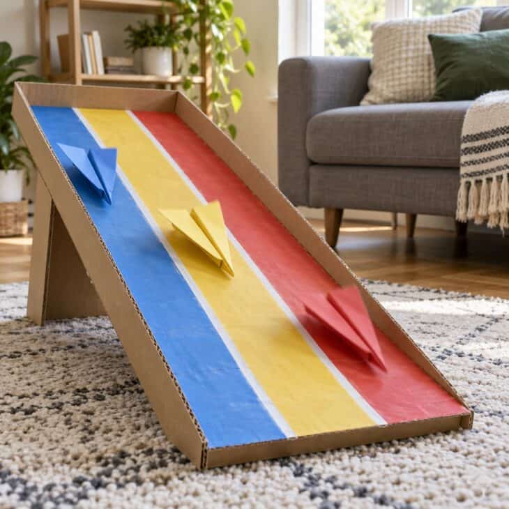 A tilted cardboard launch ramp with three painted lanes and small card planes sliding down
