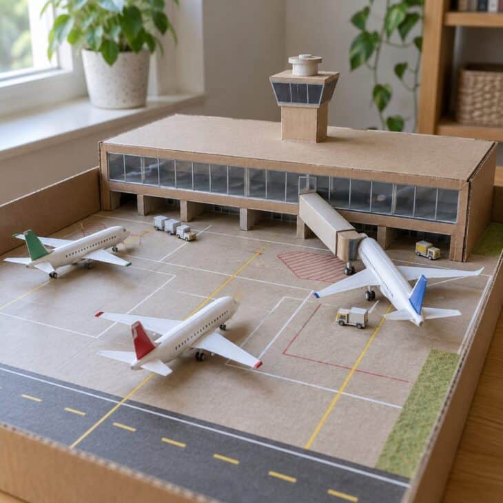 A small cardboard airport terminal diorama built from a shoebox with a tube jet bridge and three small card planes on a drawn apron
