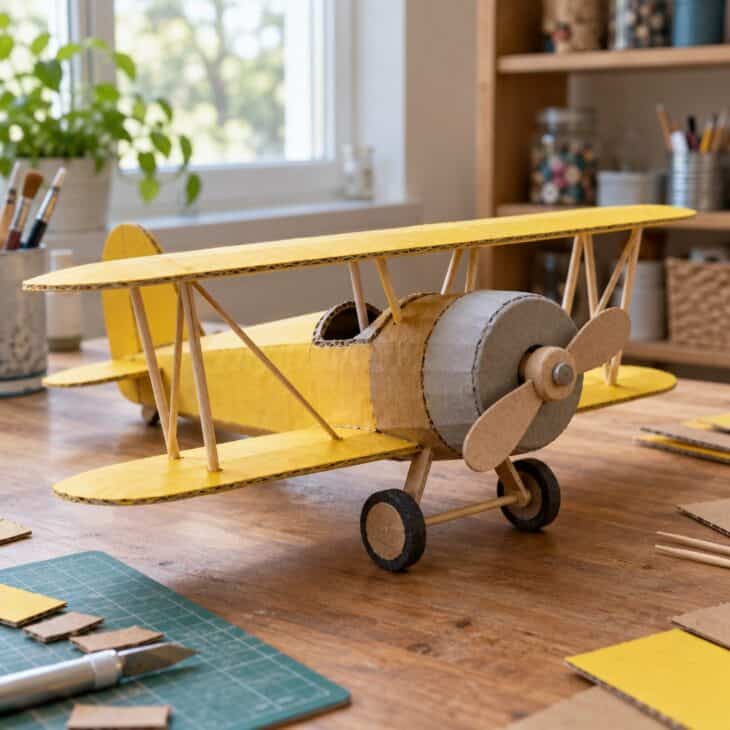A hand-built cardboard biplane with two stacked yellow wings
