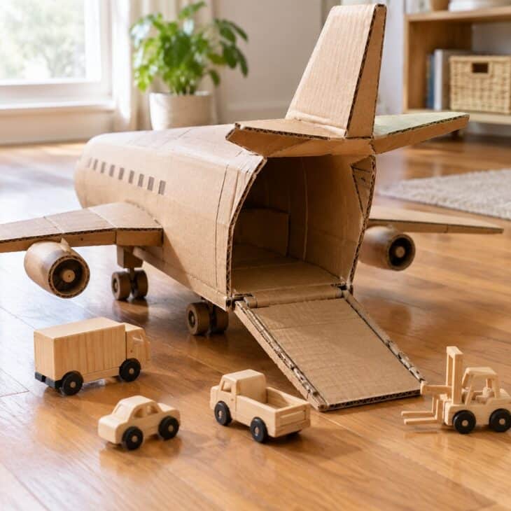 A cardboard cargo airplane with an open hinged rear ramp