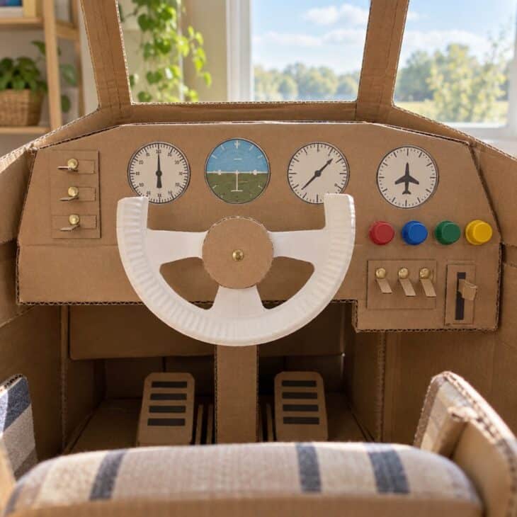 A hand-built cardboard cockpit panel with bottle-cap knobs
