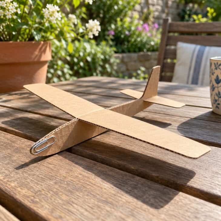 A simple cardboard glider with straight wings and a paper clip on the nose