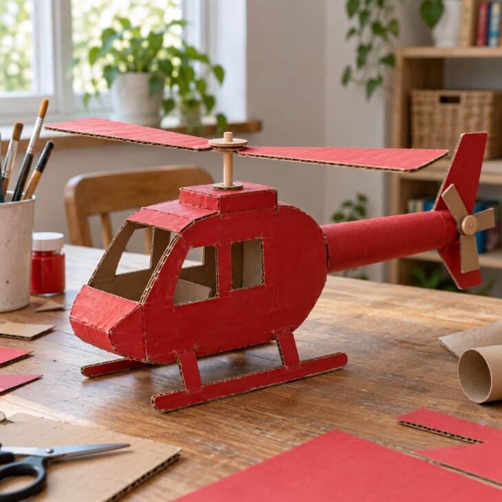 A cardboard helicopter painted red with a card rotor on a skewer pivot and a tube tail boom
