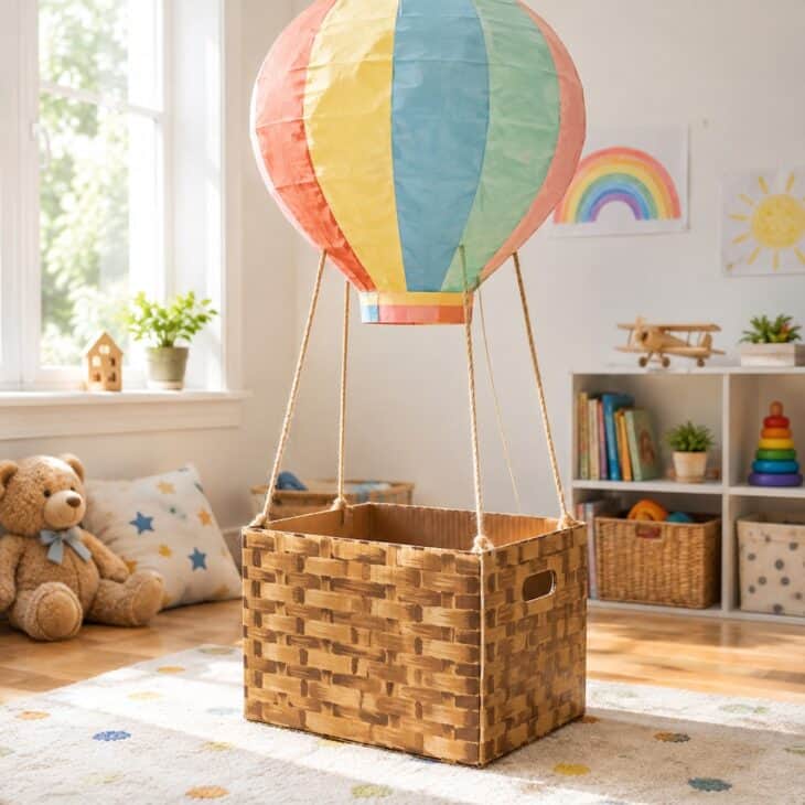 A cardboard box painted like a woven balloon basket with handholds