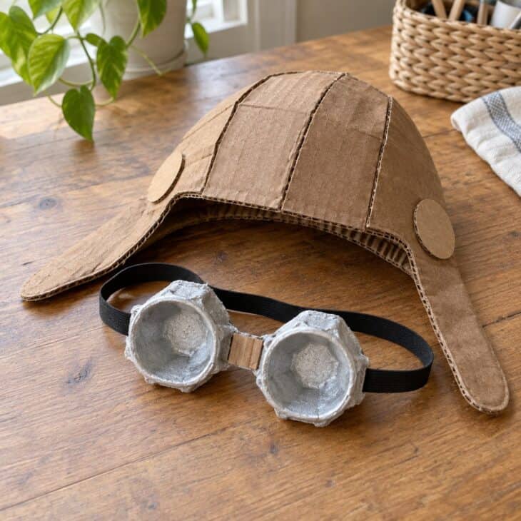 A cardboard pilot cap and goggles made from silver painted egg carton cups with elastic