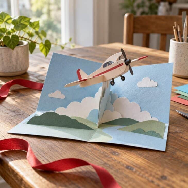 A handmade cardboard pop-up greeting card with a small plane rising from the fold