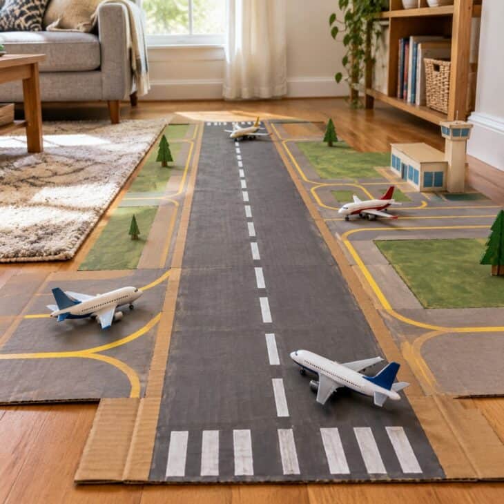 A hand-painted cardboard runway with a white dashed centerline and taxiway lines laid on a living room floor with toy planes on it