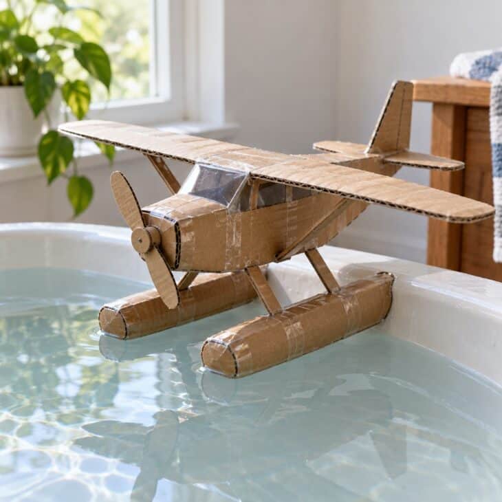 A small cardboard seaplane with two tube floats