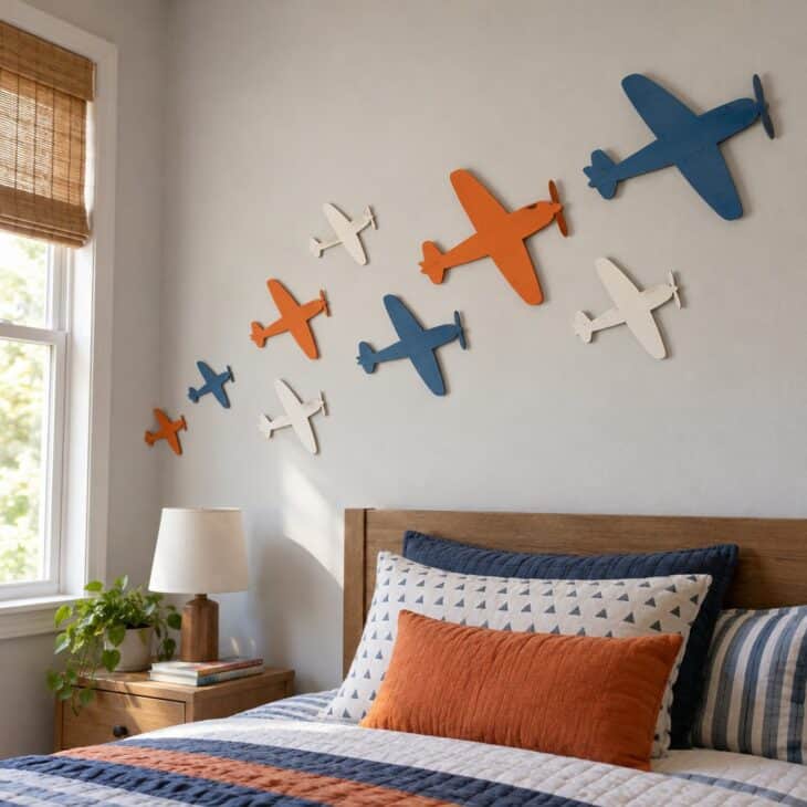 A bedroom wall with a flock of flat cardboard airplane silhouettes painted in blue