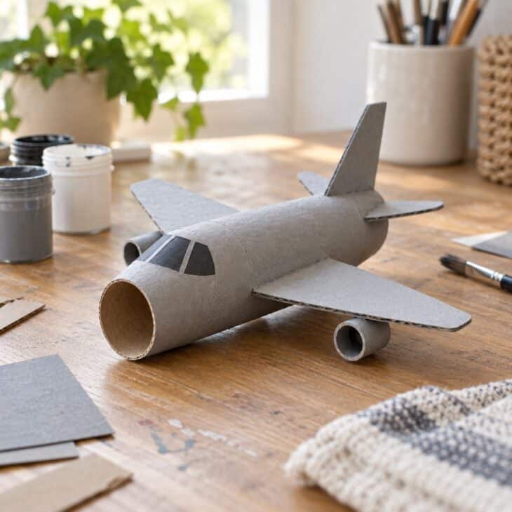 A small gray jet airplane made from a cardboard paper towel roll with card wings and tail fin