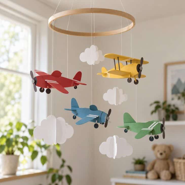A hanging mobile of cardstock airplanes and clouds on thin thread from a wooden hoop