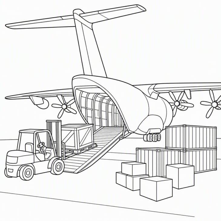 A lowered ramp, a forklift and a stack of crates to color.