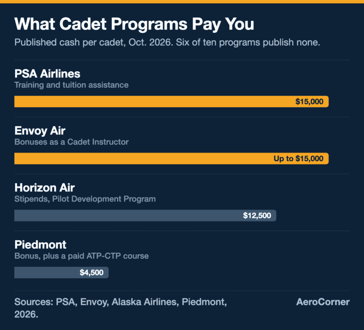 Only four of the ten programs publish cash for cadets, and all four are regional airlines.