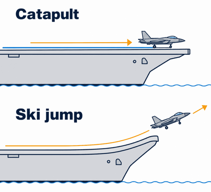 A catapult drags a jet to flying speed along a flat deck; a ski jump lets a short-takeoff jet leave the bow already climbing.