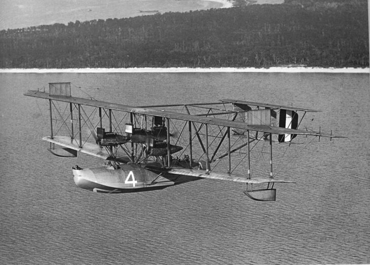 Curtiss NC-4 flying boat with its four-engine layout in flight in 1919