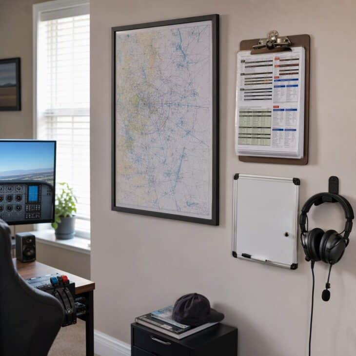 A wall station keeps charts, checklists and headsets within arm's reach.