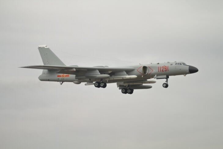 Xi'an H-6K bomber on approach with landing gear down