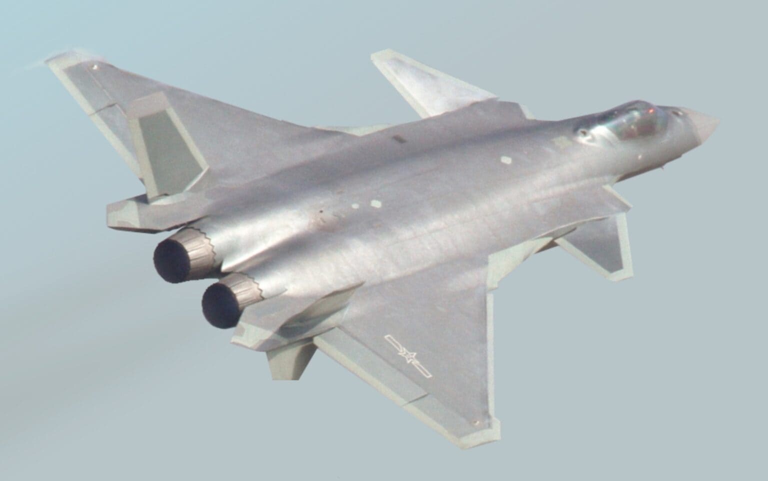 Chengdu J-20 stealth fighter climbing away with twin exhaust nozzles visible