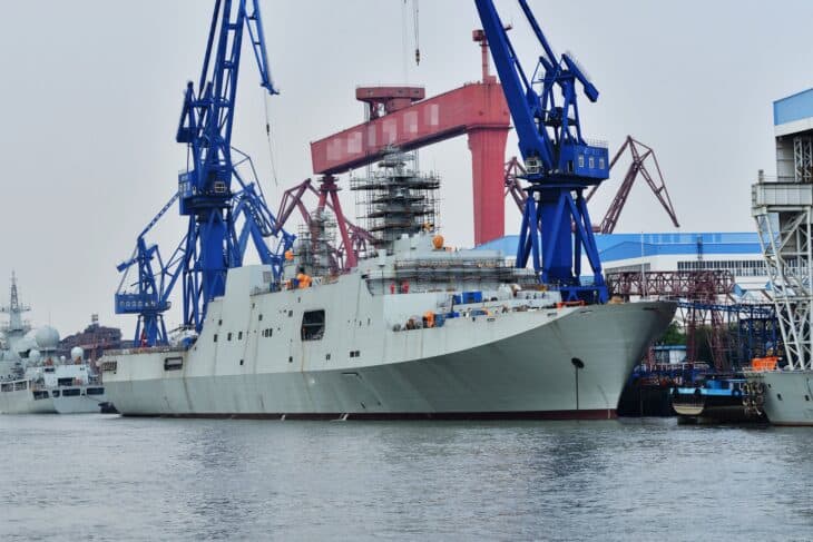 Type 071 landing platform dock Yimeng Mountain in a shipyard
