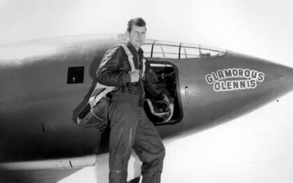 Chuck Yeager standing beside the Bell X-1 Glamorous Glennis, 1947