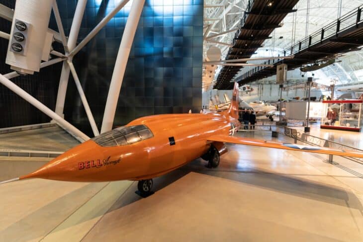 Bell X-1 Glamorous Glennis, the orange rocket plane Yeager flew past Mach 1, on display at the National Air and Space Museum