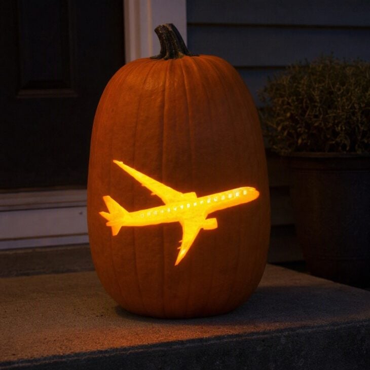 A tall orange pumpkin carved with a glowing airliner silhouette with swept wings and a row of tiny windows, set on a dark porch step.