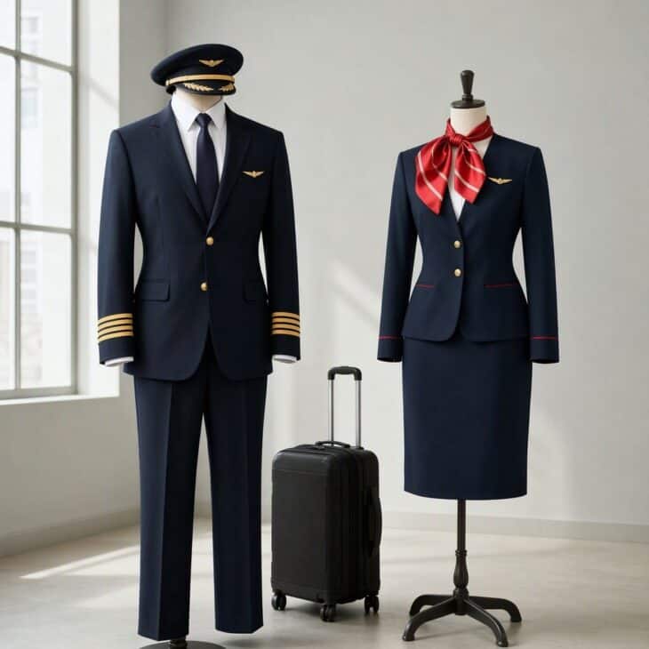 A captain's uniform beside a flight attendant look with a red scarf and a rolling suitcase.
