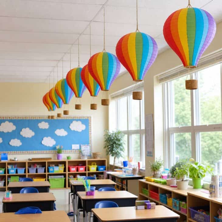 A ceiling full of balloons brightens a classroom for pennies.