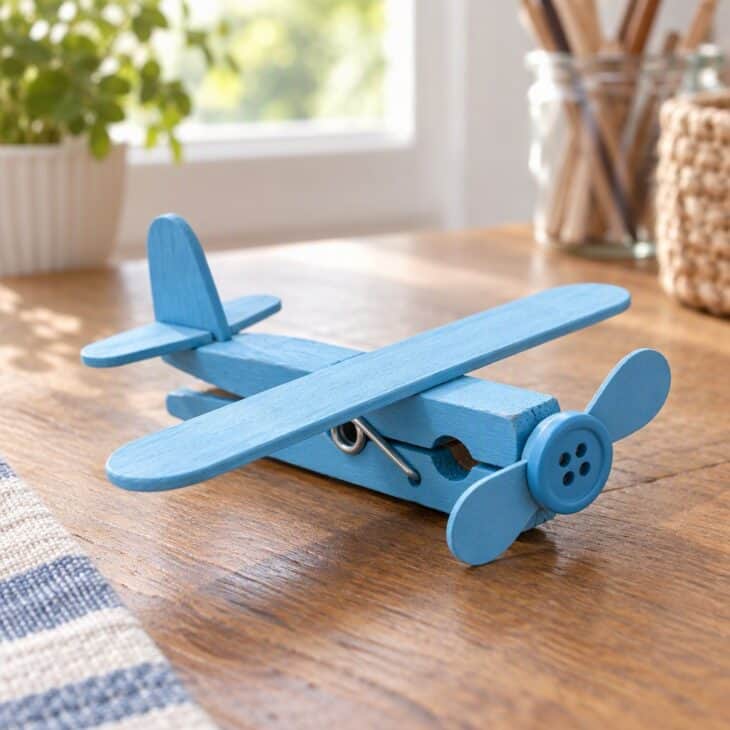 A wooden clothespin airplane with a craft-stick wing clipped across the body and a button propeller