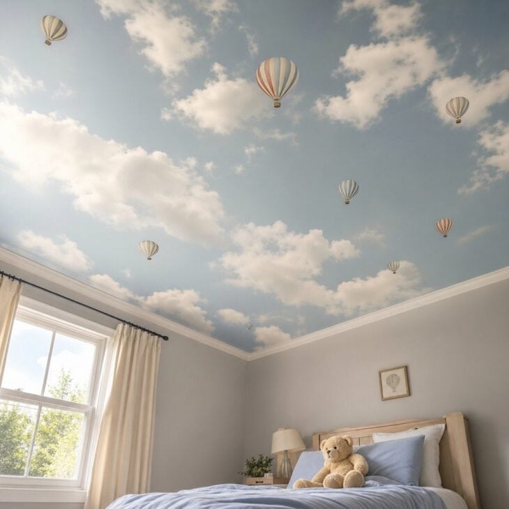 A painted ceiling is what a child sees at bedtime.