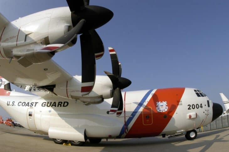 Coast Guard HC-130J Super Hercules number 2004 on the ramp with its four-blade propellers