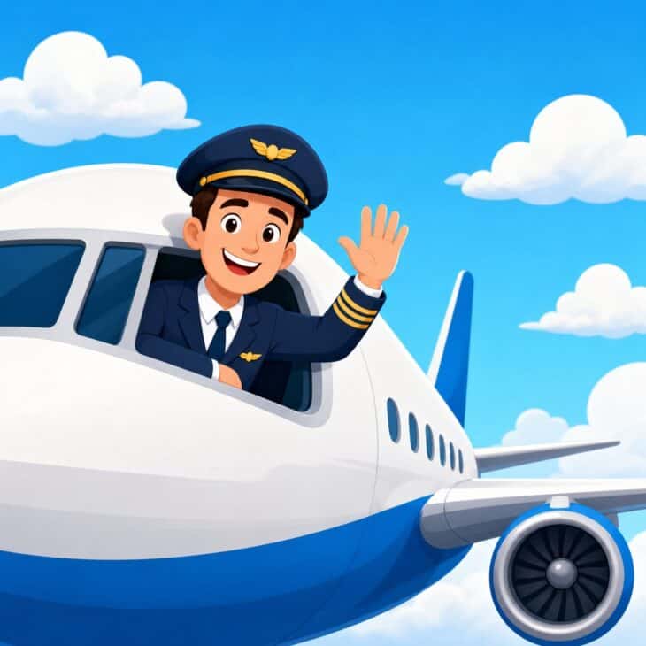 A cartoon captain waves from the flight deck.