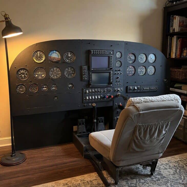 A cut-out panel replica surrounds the pilot with familiar instruments.
