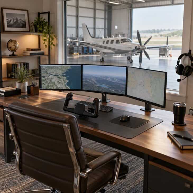 An office above the hangar feels like a cockpit.