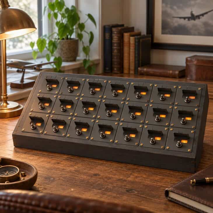A switch-panel box with a little door to flip each morning.