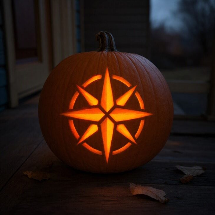 A round pumpkin carved with a glowing eight-point compass rose.