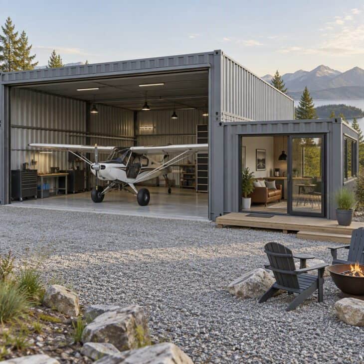Shipping containers give a low-cost path to a small hangar home.