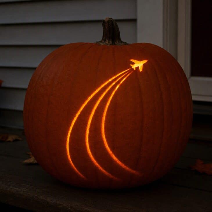 A round pumpkin carved with a small glowing jet and long curved contrail lines sweeping down across its face.