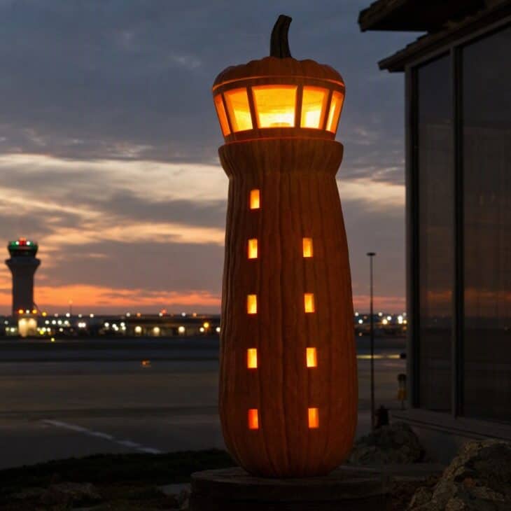 A tall narrow pumpkin carved like an airport control tower with a glowing wide cab window at the top.