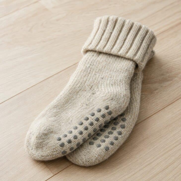 Thick oatmeal wool socks with grey non-slip grip dots