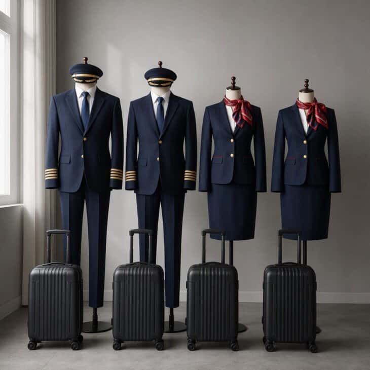 Two pilot uniforms and two flight attendant uniforms with matching scarves and four suitcases.