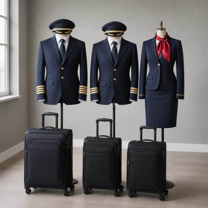 A captain, a first officer and a flight attendant in matching navy with three rolling suitcases.