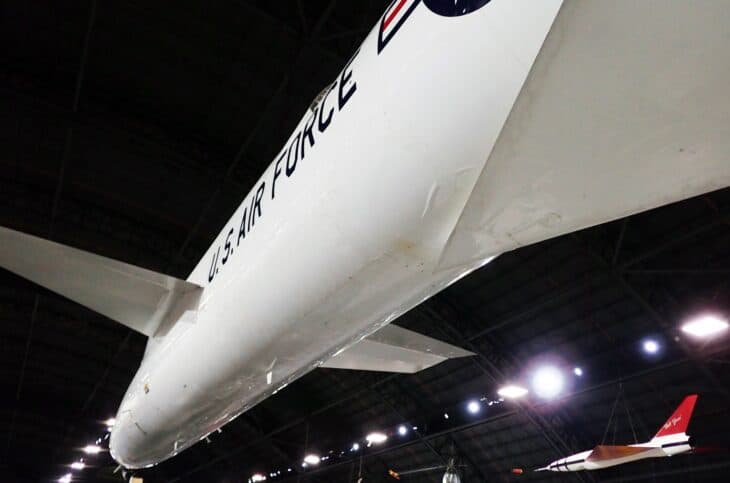 North American XB-70 Valkyrie seen from below, with U.S. AIR FORCE lettering on its white fuselage