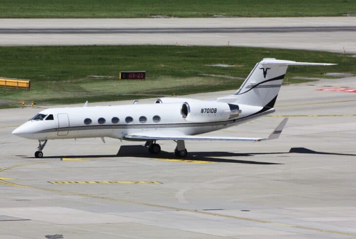 Gulfstream IV N701DB with a longhorn tail logo taxiing at Geneva airport