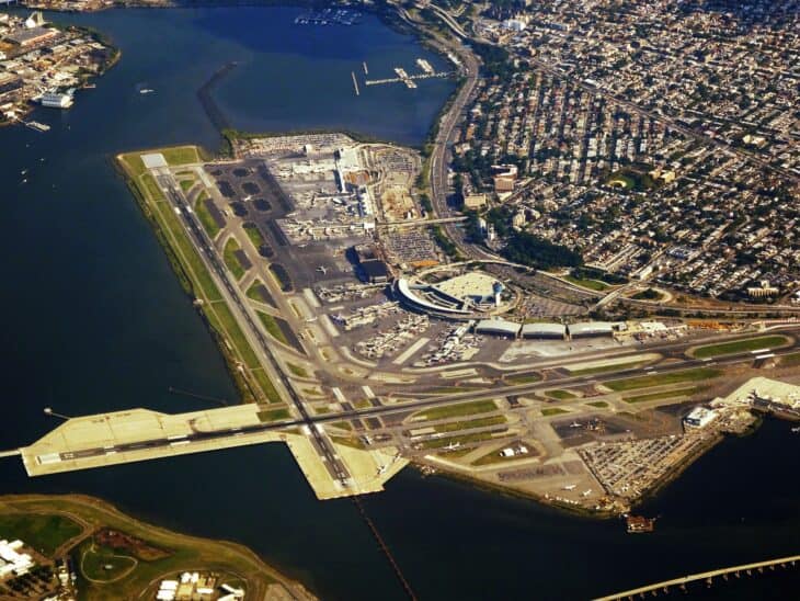 Aerial view of LaGuardia Airport and its runways beside Flushing Bay
