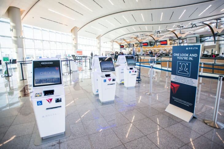 Delta self-service check-in kiosks in the Atlanta airport terminal